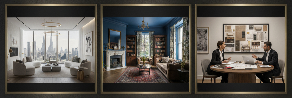 Professional interior design portfolio showcasing Dubai new build and UK renovation property projects with design consultation