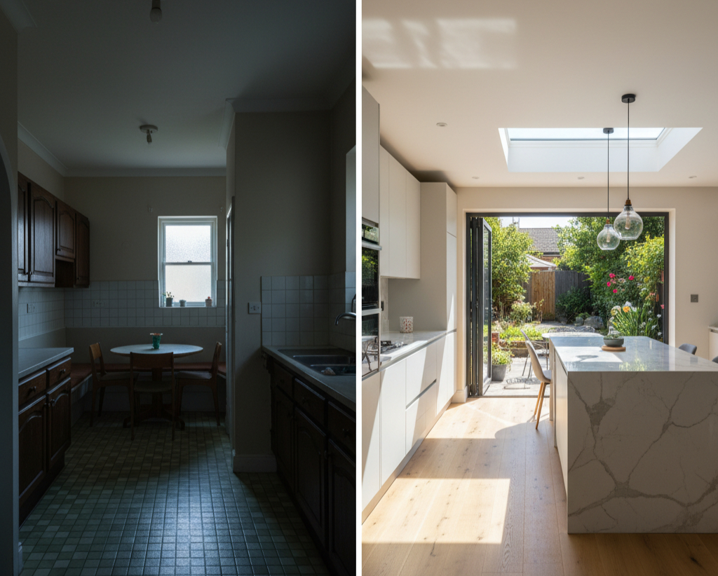 Before and After: Dark 1980s closed kitchen transformed into bright, open-plan space with white island, roof light, and bi-fold doors to the garden.