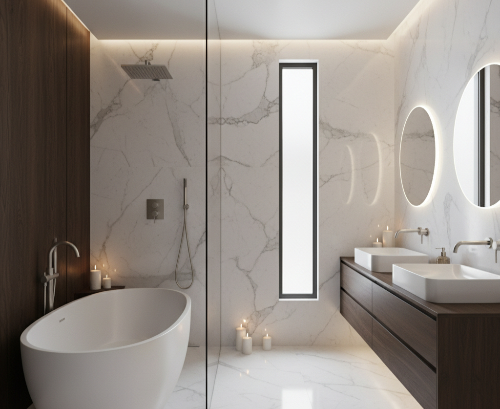 High-end Dubai villa bathroom featuring low-flow rainfall showerhead and contemporary fixtures combining luxury aesthetics with water conservation technology