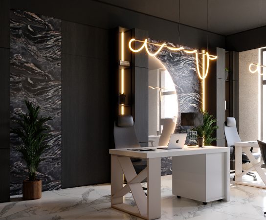 Luxury CEO office interior, dark marble feature wall, neon lighting, modern black design, ergonomic chair.