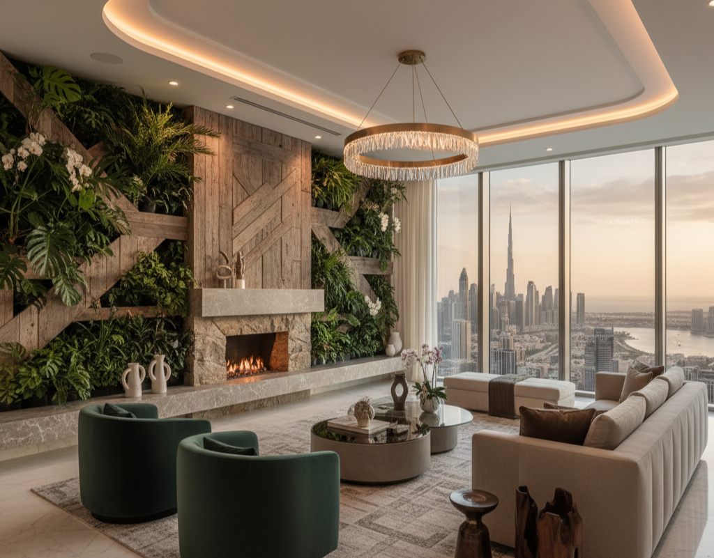 Luxury Dubai penthouse living room featuring floor-to-ceiling living wall with tropical plants, reclaimed wood accents, natural stone features, and panoramic city views through large windows