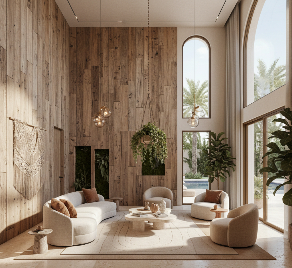 Luxury Dubai villa interior showcasing reclaimed wood feature wall, travertine flooring, linen upholstery, organic curved furniture, and earthy desert-inspired colour palette