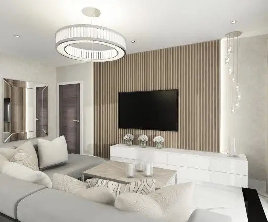 TV / living room with wooden slat feature wall and modern chandelier, contemporary house design London