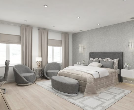 Master bedroom with grey upholstered chairs and textured feature wall, luxury house interior design London