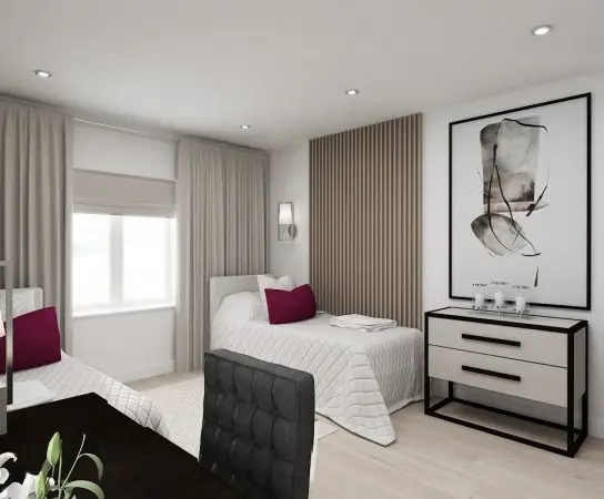 Compact bedroom with wooden slat accent wall and burgundy cushions, contemporary apartment interior design London"