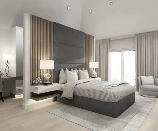 Master bedroom with grey upholstered bed and wooden slat feature wall, luxury house interior design London
