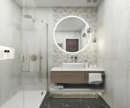 Bathroom with LED mirror, floating LED-lit cupboard and mosaic tile feature wall, luxury house interior design London