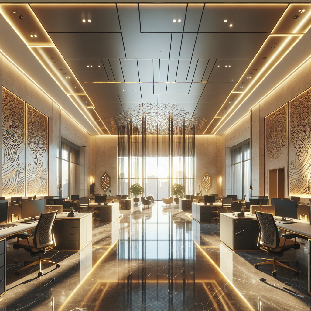 Luxury commercial office interior design in Dubai business district featuring premium materials and modern workspace layout