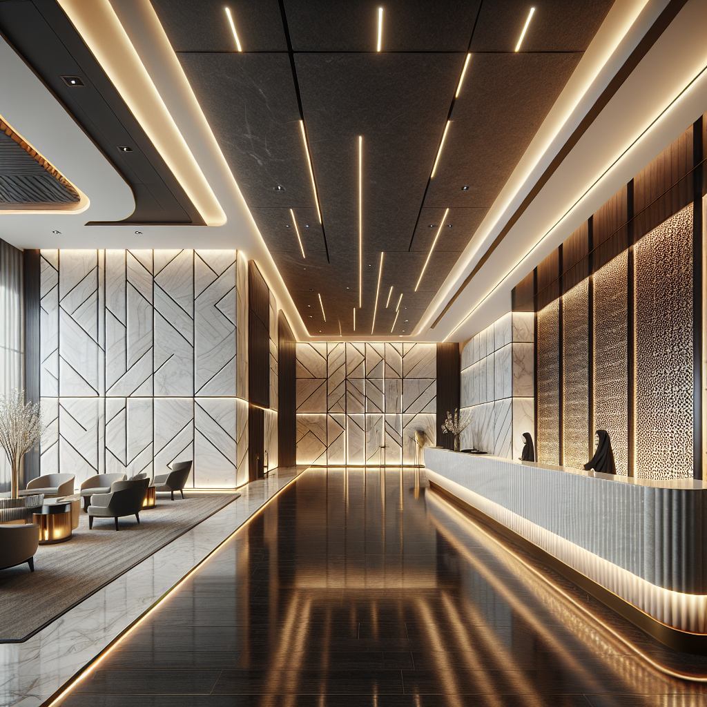 A premium office reception area in Dubai, showcasing exquisite book-matched marble and sophisticated lighting design for a lasting first impression.