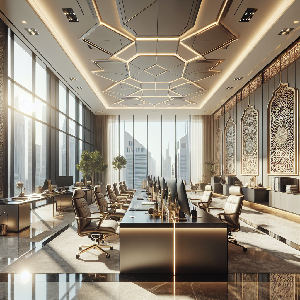 A functional luxury office design in a Dubai business district, showcasing ergonomic workspace planning and sophisticated aesthetics that enhance productivity.