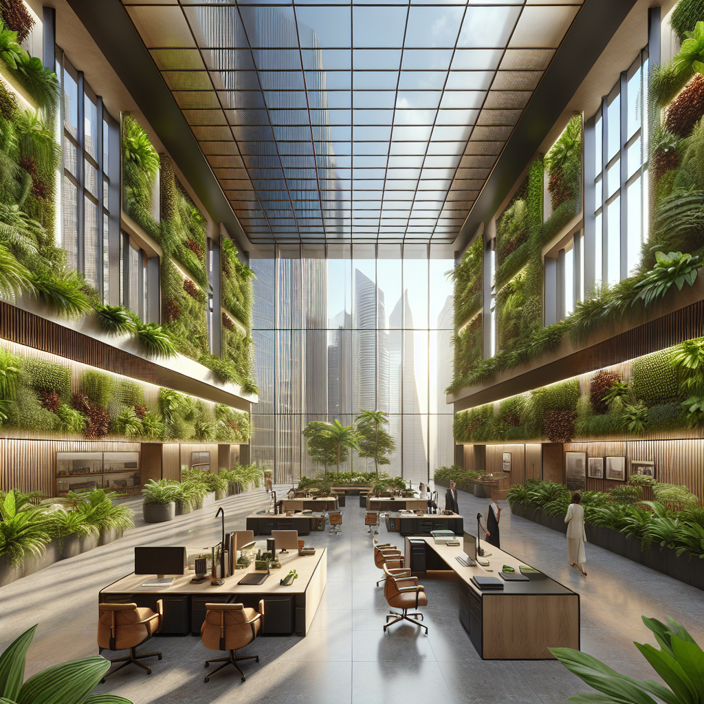 Biophilic office design in Dubai commercial space with living green walls and natural materials