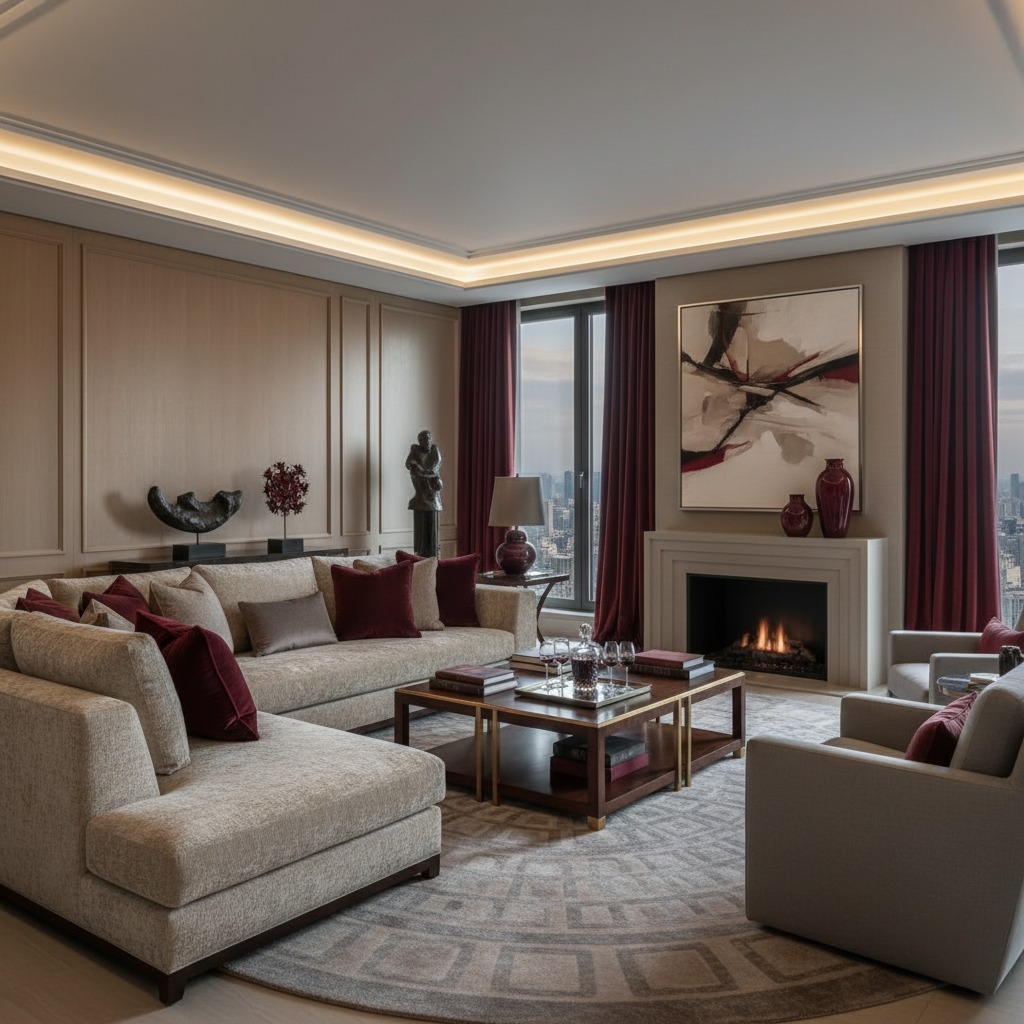 Luxury living room interior design with neutral beige and grey colors featuring elegant wine red accent pillows, curtains, and decorative elements.