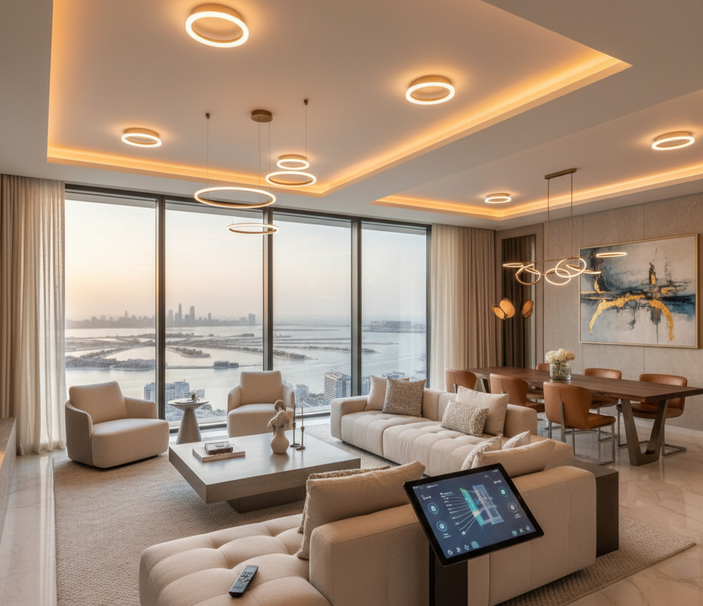 Contemporary luxury Dubai new build apartment interior with Palm Jumeirah views and smart home technology