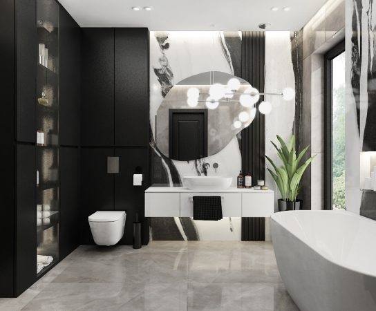 Luxury minimalist bathroom in Dubai villa with striking black and white marble feature wall and freestanding white bathtub.