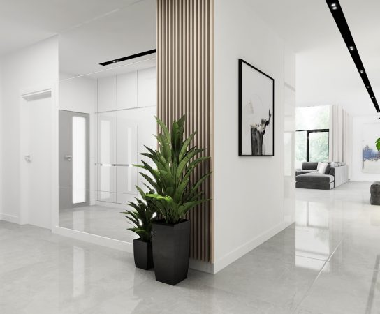 Modern minimalist villa hallway in Dubai featuring a large wall mirror, polished marble floor, and recessed black track lighting.