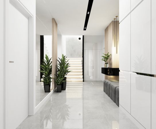 Minimalist villa entryway with a light-grey marble floor, full-height mirror, and a view up the backlit, floating staircase.