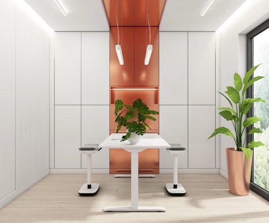 Modern minimalist home office with copper accents, white built-in storage, and an adjustable-height white desk.