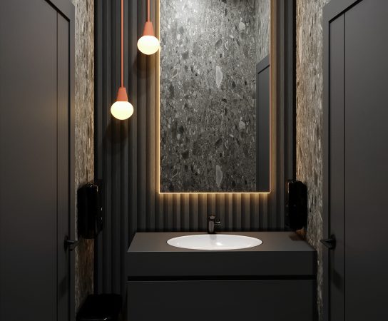 Modern men's restroom toilet stall with bright orange door frame, dark vertical slat wall, and white neon sign saying "Keep Calm and Sit Down".