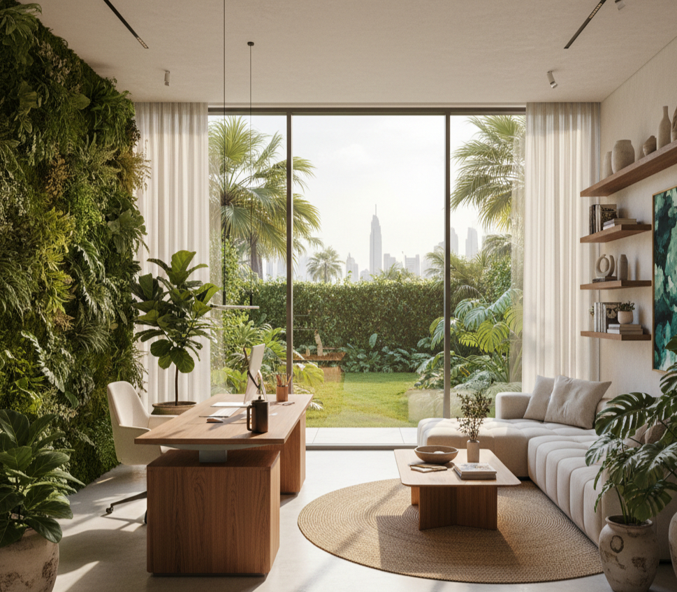 Modern Dubai home office with biophilic design featuring desk near window with garden view, living wall backdrop, natural wood furniture, abundant plants, and natural lighting