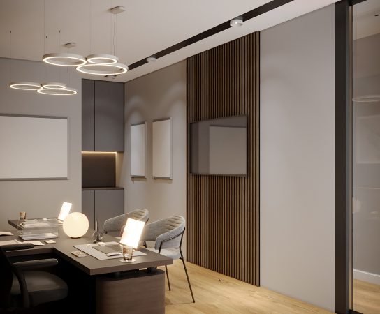 Modern office meeting room with a dark table, overhead circular lights, and a wall-mounted TV integrated into a vertical wood slat panel.