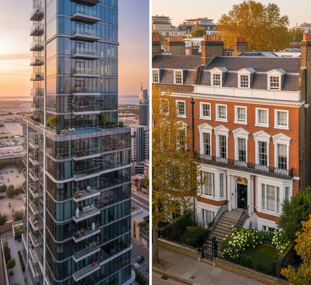 Modern Dubai apartment building next to renovated Georgian townhouse showing new build versus renovation property investment options