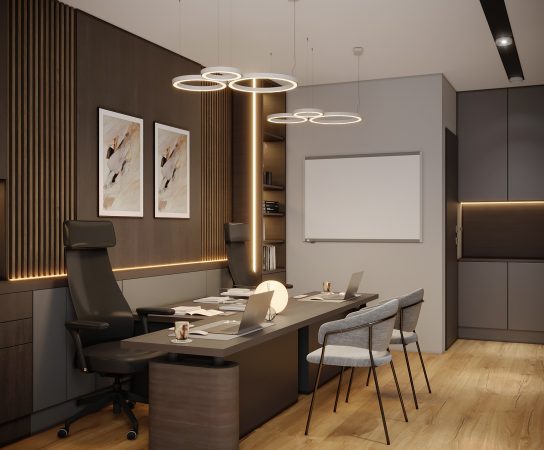 Private office with a dark gray desk, black leather chair, a whiteboard, and a dark wood slat accent wall with modern abstract artwork.
