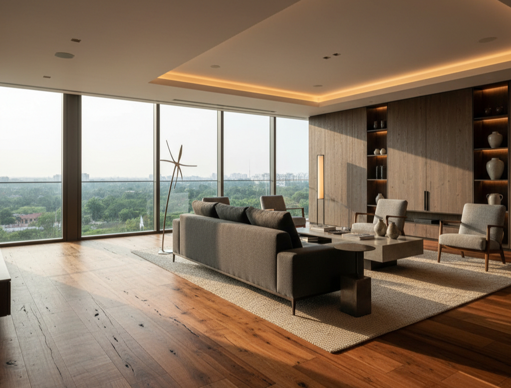Elegant Dubai villa living room featuring reclaimed wood flooring with rich grain patterns, complemented by contemporary furniture and natural lighting for sustainable luxury aesthetics