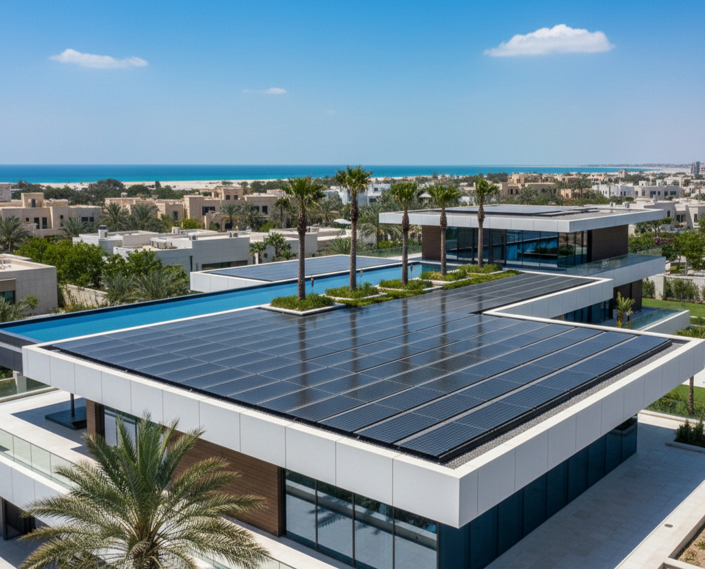 Rooftop view of Dubai villa with integrated solar panels seamlessly designed into architecture, overlooking palm trees and infinity pool demonstrating sustainable energy solutions