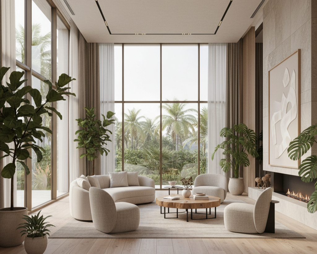 Modern Dubai villa interior featuring sustainable luxury design with natural materials, large windows, and indoor plants creating an eco-friendly yet opulent living space