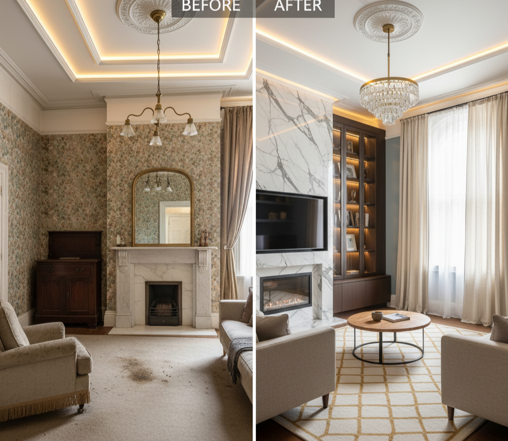 Victorian house renovation before and after transformation showing period features preserved with modern interior design upgrades
