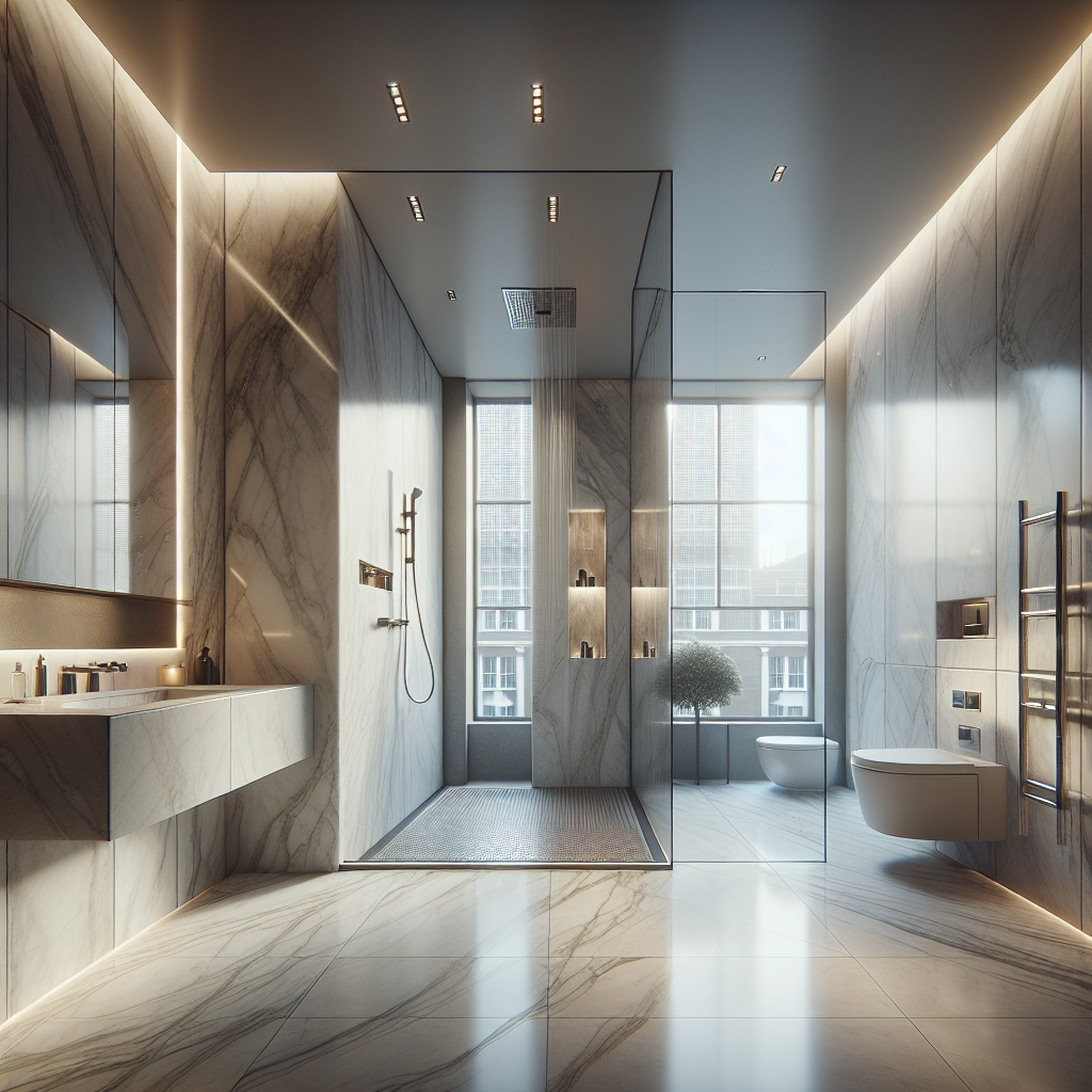Contemporary London bathroom with marble effect tiles, rainfall shower and minimalist fixtures demonstrating luxury interior design for resale