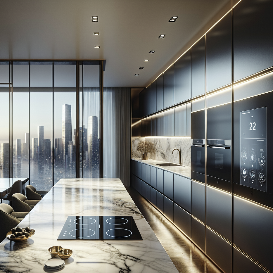 Modern smart home control panel integrated seamlessly into luxury Dubai kitchen design