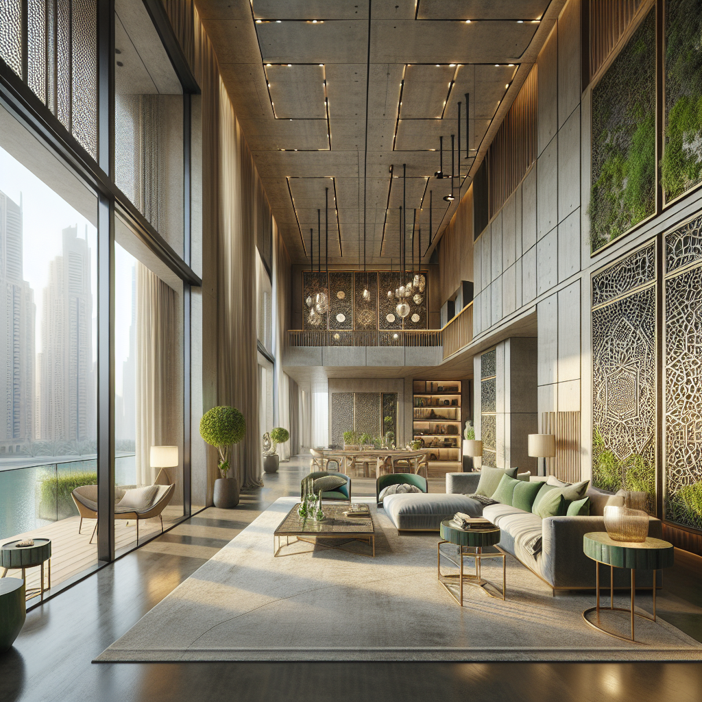 Sustainable luxury interior design in Dubai featuring energy-efficient lighting and eco-friendly materials