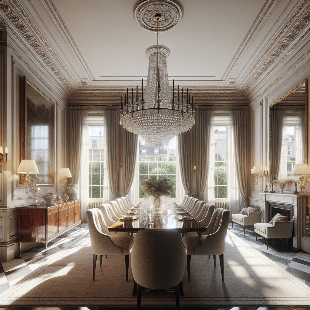  London dining room with layered lighting scheme including pendant fixture, wall sconces and natural light from large windows enhancing interior design appeal