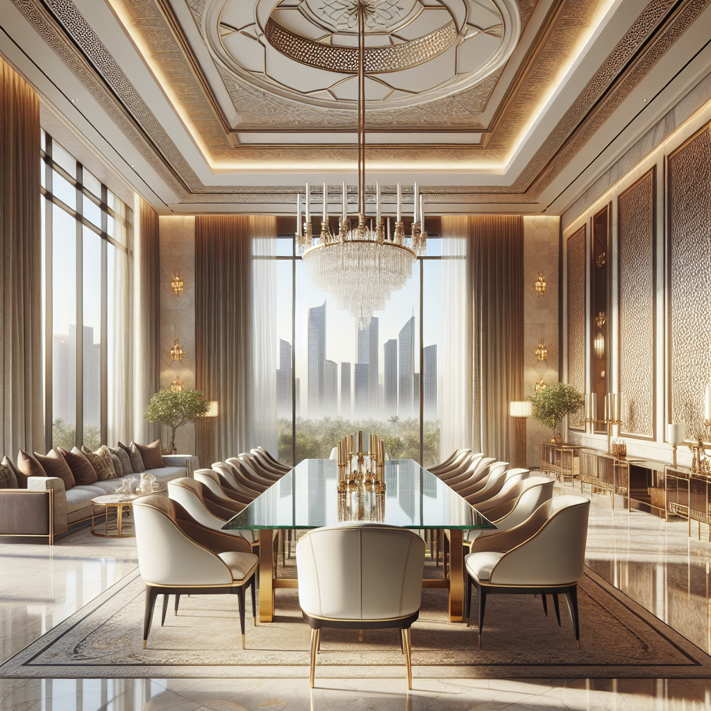 Elegant Dubai villa dining room with floor-to-ceiling windows, natural light, and premium finishes for luxury interior design